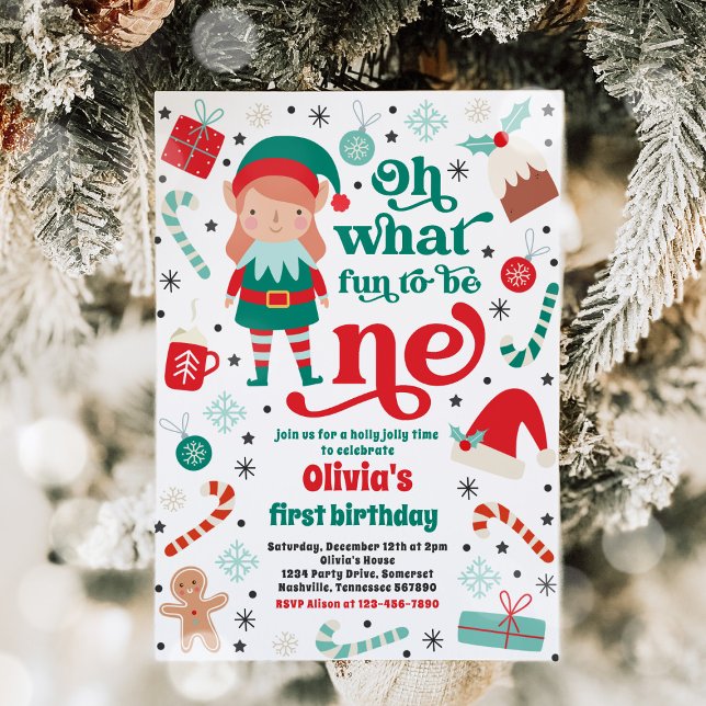 Oh What Roligt Elf jul 1st Birthday Party Inbjudningar (Skapare uppladdad)