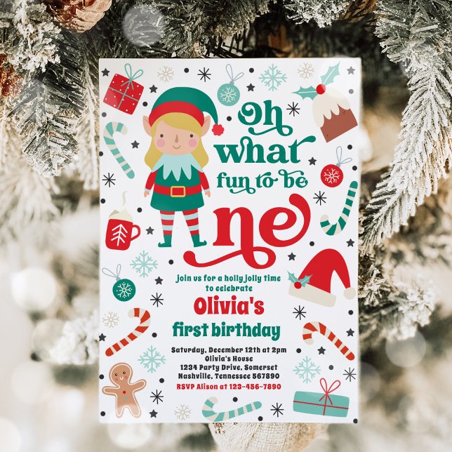 Oh What Roligt Elf jul 1st Birthday Party Inbjudningar (Skapare uppladdad)