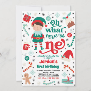 Oh What Roligt Elf jul 1st Birthday Party Inbjudningar