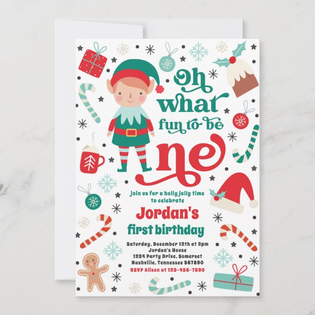 Oh What Roligt Elf jul 1st Birthday Party Inbjudningar (Framsida)