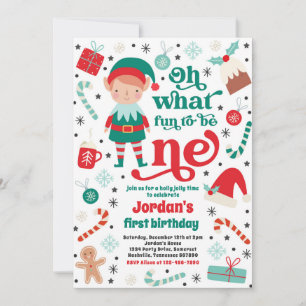 Oh What Roligt Elf jul 1st Birthday Party Inbjudningar