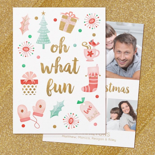 Oh What Roligt Guld Script-fotokort för jul (A cute and whimsical "oh What Fun" Photo Christmas Card)