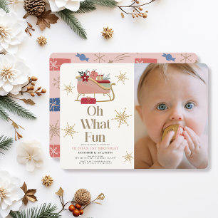 Oh What Roligt Helgdag Rosa Sleigh Photo 1st Birth Inbjudningar