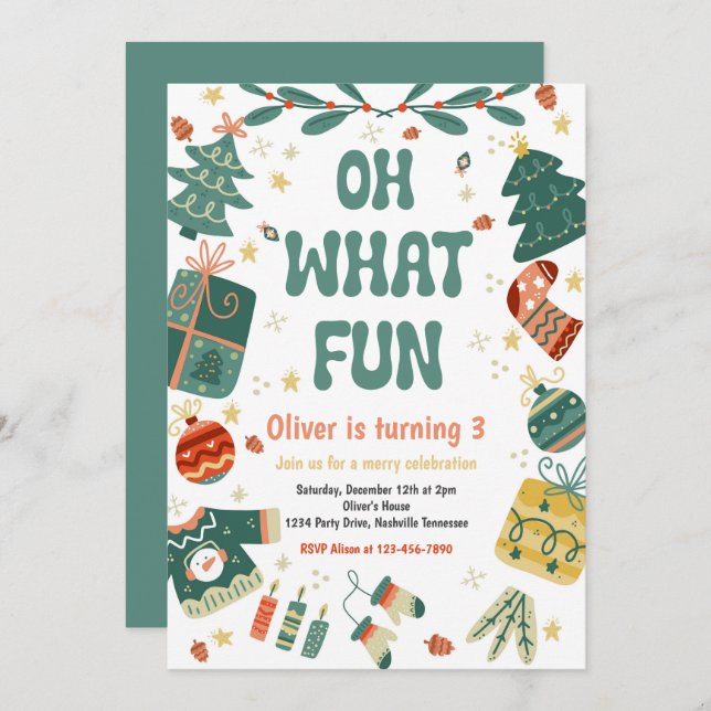 Oh What Roligt | Julvinter-Födelsedagsfesten Inbjudningar (Fram/baksida)