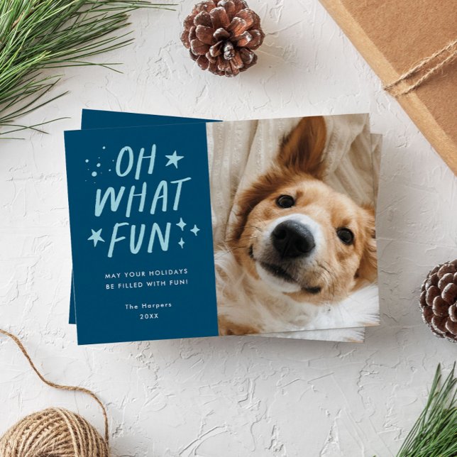 Oh What Roligt Pets Photo jul Blue Julkort (Pet Christmas photo card with the words "oh what fun")