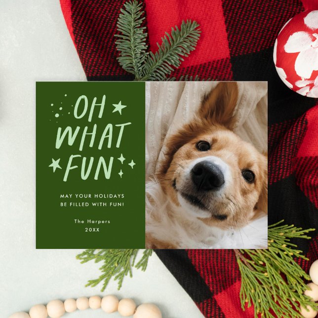 Oh What Roligt Pets Photo Jul Grönt Julkort (oh what fun pet christmas card)
