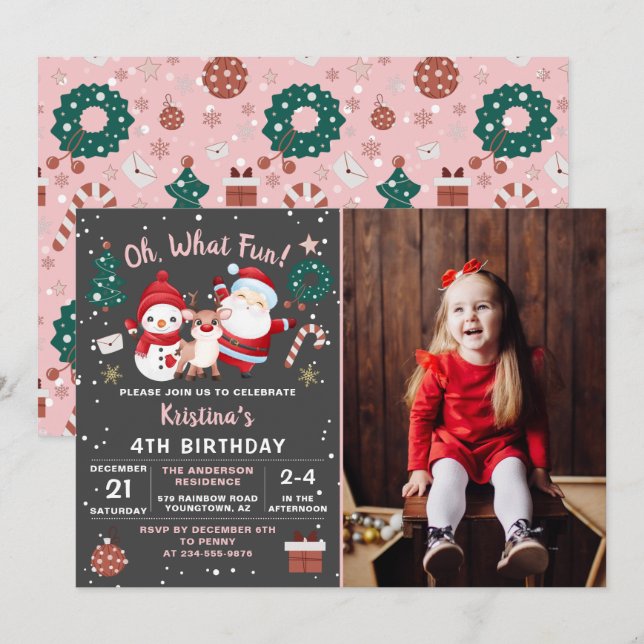 Oh What Roligt Rosa Black jul Birthday Photo Inbjudningar (Fram/baksida)