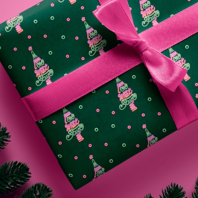 Oh What Roligt Rosa Grönt Neon Ljus Julgran Presentpapper (Oh What Fun Pink Green Neon Lights Christmas Tree Wrapping Paper)