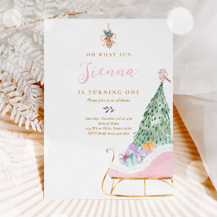 Oh What Roligt Rosa & Guld Winter Sleigh Birthday Inbjudningar