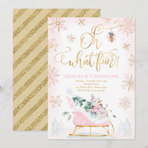 Oh What Roligt Rosa & Guld Winter Sleigh Birthday Inbjudningar