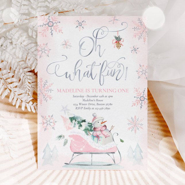 Oh What Roligt Rosa & Silver Winter Sleigh Birthda Inbjudningar (Skapare uppladdad)