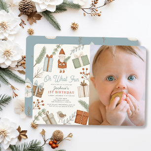 Oh What Roligt Santa Helgdag Boy 1st Birthday Phot Inbjudningar