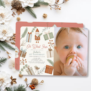 Oh What Roligt Santa Helgdag Girl 1st Birthday Pho Inbjudningar