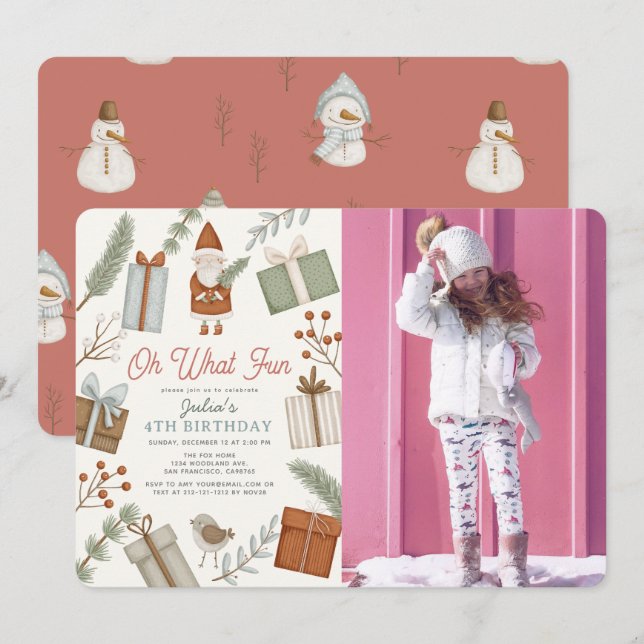 Oh What Roligt Santa Helgdag Girl Birthday Photo Inbjudningar (Fram/baksida)