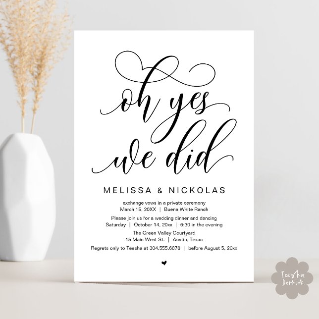Oh Yes, We Did, Romantic Wedding Elopement Party Inbjudningar (Oh Yes, We Did, Romantic Modern Script Wedding Elopement Party Invitation Card PDF White Black)