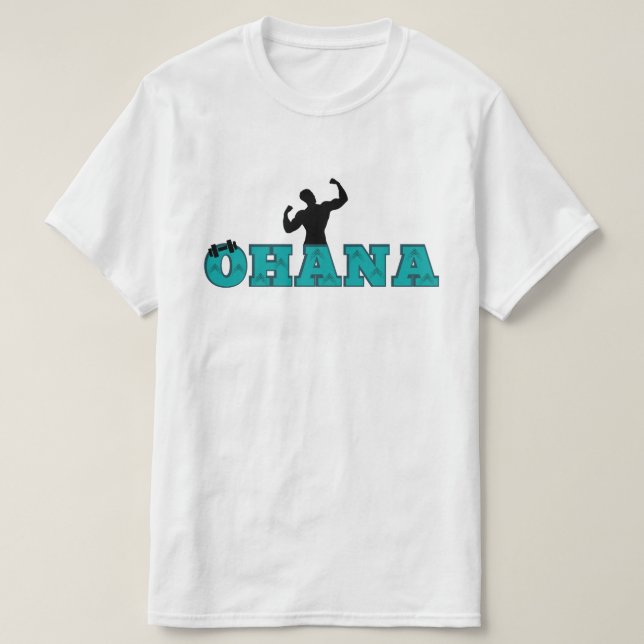 Ohana gym-projekt med blå text och sten t shirt (Design framsida)