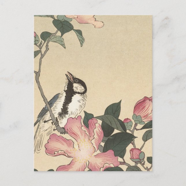 Ohara Koson, Bird and Rosa Flowers - Japanska Vykort (Framsida)