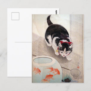Ohara Koson Cat & Goldfish Bowl japanmålning Vykort