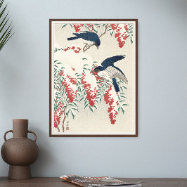 Ohara Koson Flycatchers på Nandina Bush Bird Japan Poster