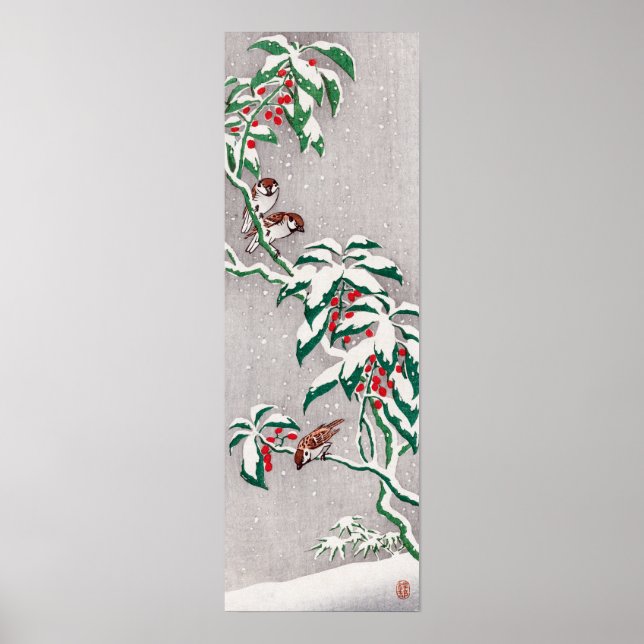 Ohara Koson Sparrows on snowy berry bush Poster (Framsidan)