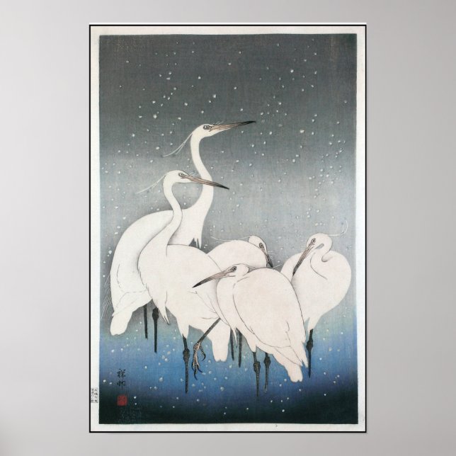 Ohara Kosons Vintage Egrets i Snö Poster (Framsidan)