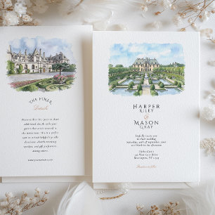Oheka Castle New York Akvarell Bröllop Inbjudningar