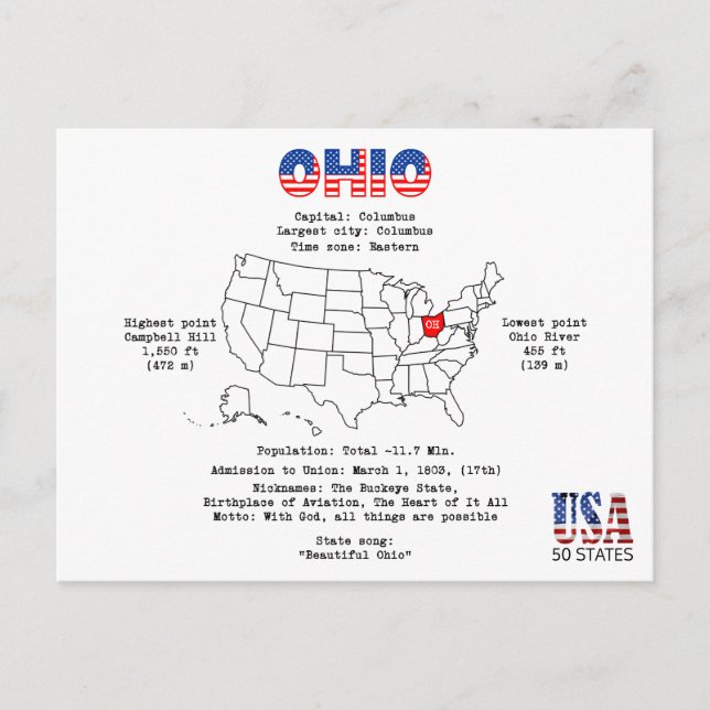 Ohio American State på karta och användbar informa Helg Vykort (Framsida)