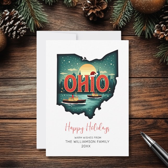 Ohio Festive Karta Glad helg Flat Helgdag Card Julkort (Personalize with your Family Name and the Year.  Matching items available)
