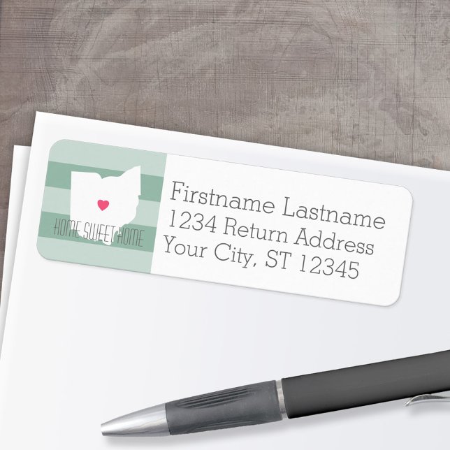 Ohio Karta Home State Kärlek med Anpassningsbar He Returadress Etikett (Personalized Mailing Label with Return Address and State Map - Low Minimum)