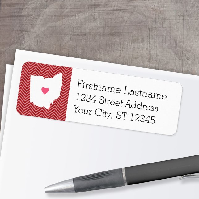 Ohio Karta Home State Kärlek med tillvalshjärta Returadress Etikett (Personalized Mailing Label with Return Address and State Map - Low Minimum)