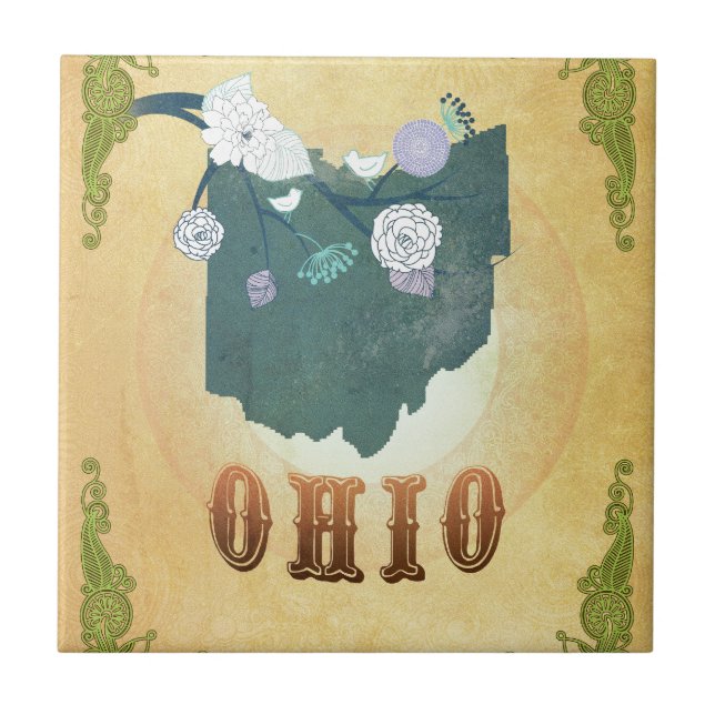 Ohio karta med älskvärda fåglar kakelplatta (Framsidan)