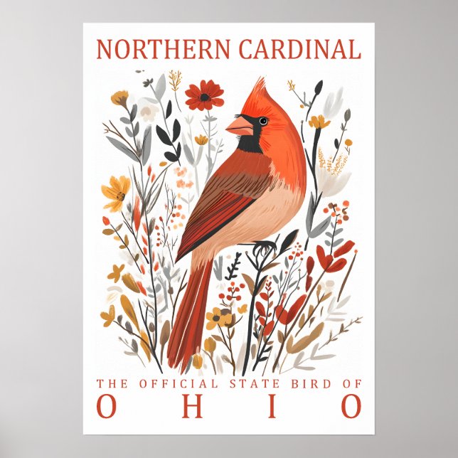 Ohio Northern Cardinal Statfågel Botanisk Poster (Framsidan)