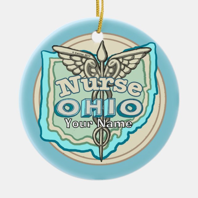 Ohio Nurse Caduceus Julgransprydnad Keramik (Framsidan)