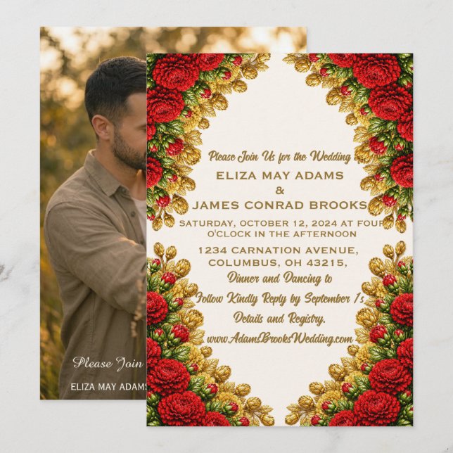 Ohio Red Carnation Vertical Photo Wedding Invitati Spara Datumet (Fram/baksida)
