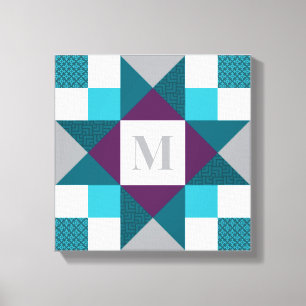 Ohio Star Quilt Block i Teal, Grått, Lila, vit Canvastryck