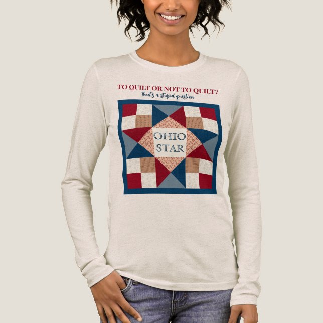 Ohio Star Quilt Block - Navy, Red, Tan T Shirt (Framsida)