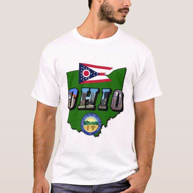 Ohio-staten Karta, Bild Text, Flagga och förseglin Tee (Framsida)