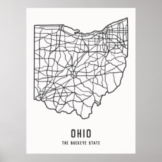 Ohio US State road karta - Buckeye State karta Poster