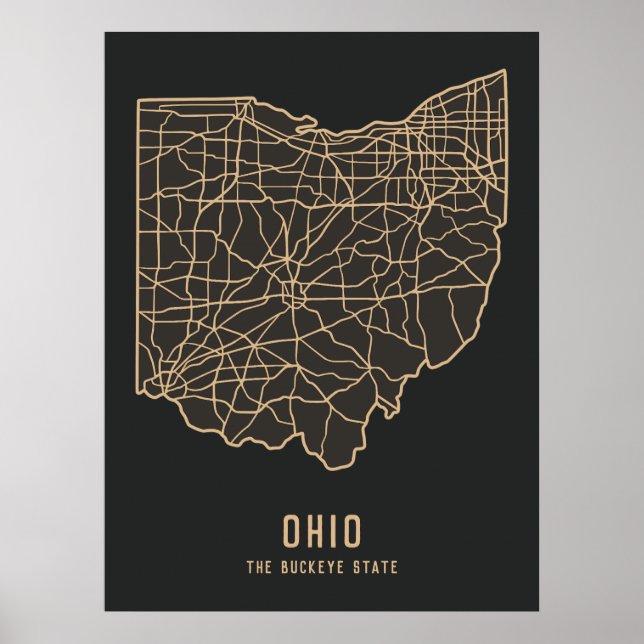 Ohio US State road karta - Buckeye State karta Poster (Framsidan)