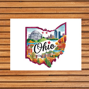 Ohio USA Delstatsformad Vintage Vattenfärg Vykort