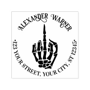Ohyfsad skelett-hand med långfinger Namn Adress Självfärgande Stämpel