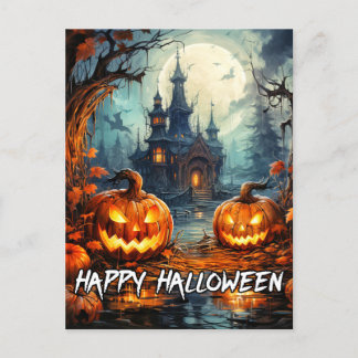 Ohyggligt gammalt hemsökt hus Halloween Vykort