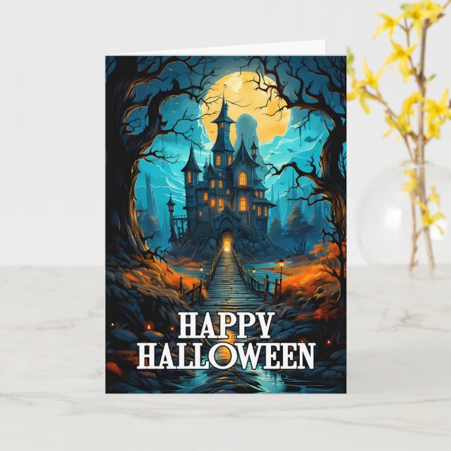Ohyggligt hemsökt hus | HAPPY HALLOWEEN Kort (Gul blomma)