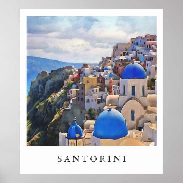 Oia, Santorini. Grekland. Oljemålning. Art-utskrif Poster (Framsidan)