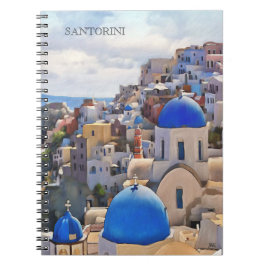 Oia, Santorini. Grekland.Oljemålning. Gaffelanteck Anteckningsbok Med Spiral