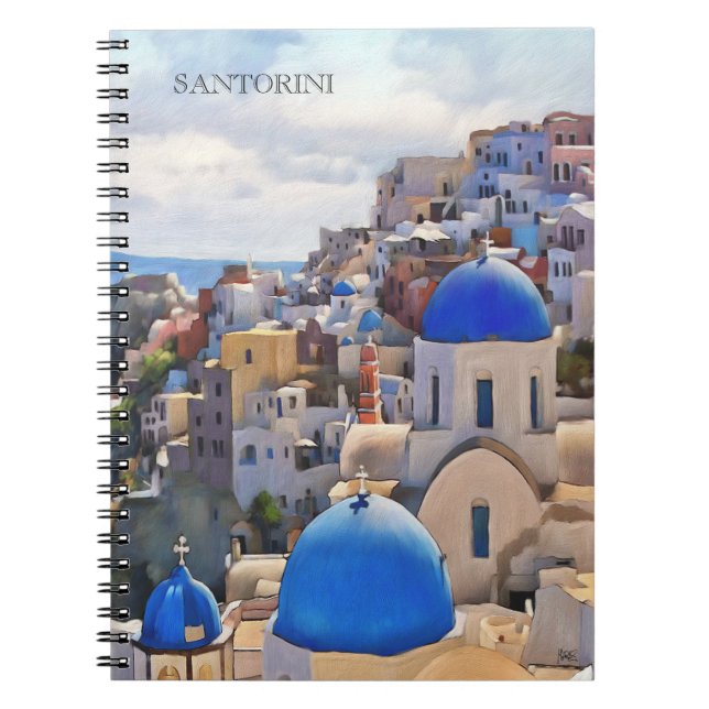 Oia, Santorini. Grekland.Oljemålning. Gaffelanteck Anteckningsbok Med Spiral (Framsidan)