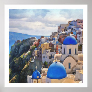 Oia, Santorini. Grekland. Oljemålning. Poster