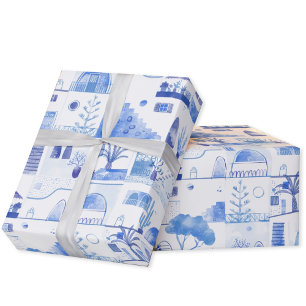 Oia Santorini Grekland Vattenfärg Stadsmålning Presentpapper