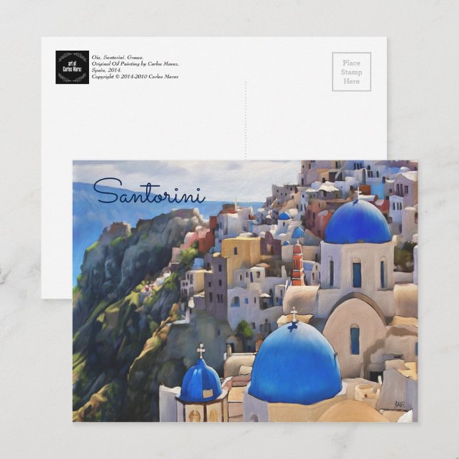 Oia, Santorini. Greklands vykort för målning (Fram/baksida)