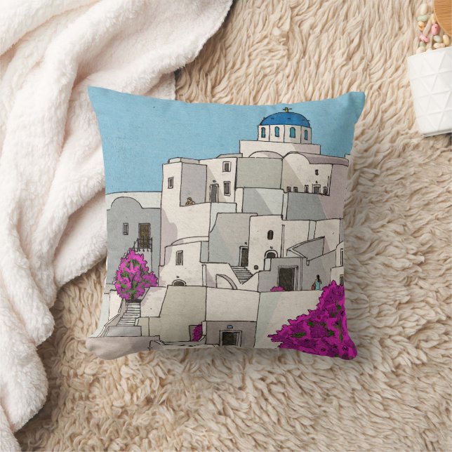 Oia Santorini Island Greece Whimsical Illustration Kudde (Filt)